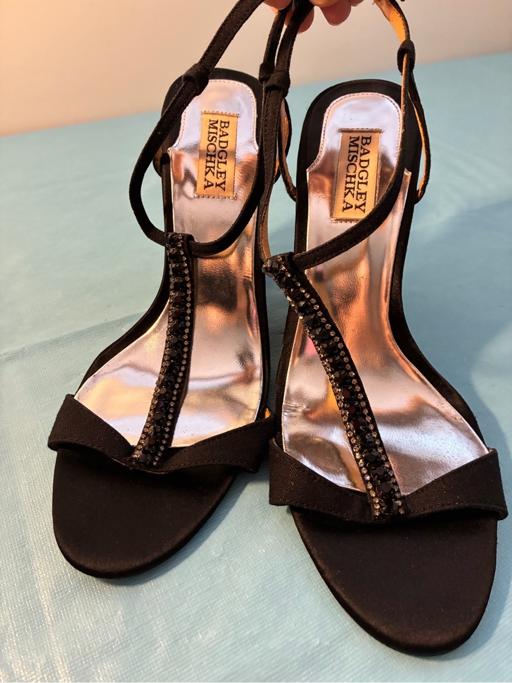 Badgley Mischka Black Satin Rhinestone T-Strap Sandals Size 8M